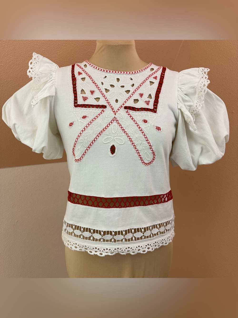 By Anthropologie Puff-Sleeve Cutwork Top Womens XS Embroidered Peasant Cottage